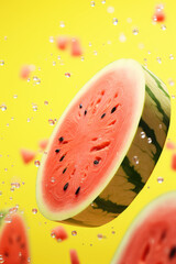 Closeup of watermelon slice flying in the air, levitation, on flat yellow background with copy space. Banner of fresh watermelon flavored product for website or presentation.