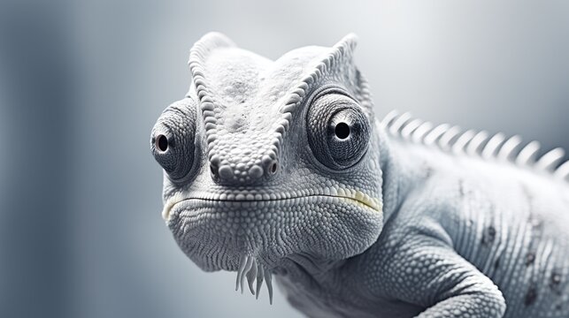Close-up of a chameleon's funny face looking at the camera. Lizard in natural environment in monochromic style. Illustration for cover, postcard, interior design, banner, brochure, etc.