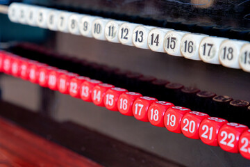Pool or billiard score keeping scoreboard closeup