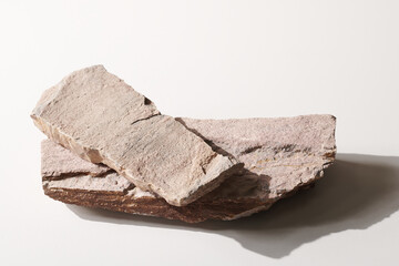 Flat stone pedestal on white background, textured template for mock-up, banner. Minimalism concept, empty podium display product, presentation scene