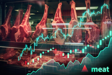 Various meats displayed in a butcher shop with financial graphs indicating market prices