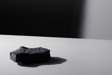Naklejka premium Flat stone pedestal, black and white template, banner background. Minimalism concept, empty podium display product, presentation scene.