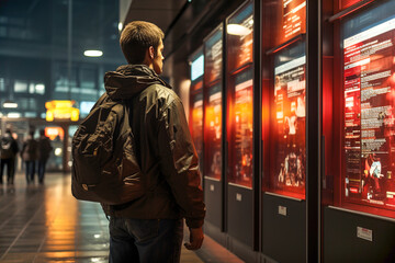 A man standing in front of information monitors on airport.