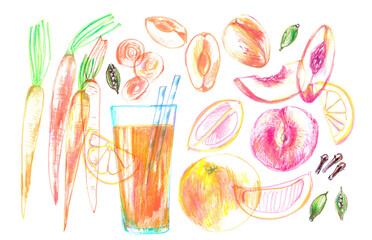 Hand drawn summer smoothie recipe illustration, glass and ingredients poster, menu background