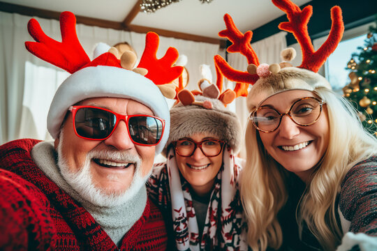 Excited elderly couple grandparents celebrating new year making christmas selfies Generative AI portrait