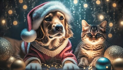 Kot i pies w stroju Mikołaja. Obok bombki i światełka. Świąteczna kartka, tło - obrazy, fototapety, plakaty