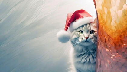 Kot w czapce Świętego Mikołaja. Świąteczna kartka, tło
