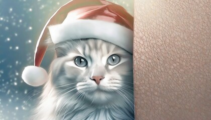 Kot w czapce Świętego Mikołaja. Świąteczna kartka, tło - obrazy, fototapety, plakaty
