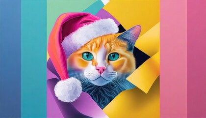 Kot w czapce Świętego Mikołaja wyglądający przez dziurę w kolorowym papierze. Świąteczne tło, kartka - obrazy, fototapety, plakaty