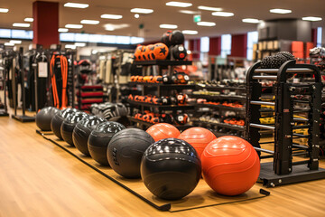 Shelf with various sport balls sitting on a rack in a store. Big sport hypermarket interior.