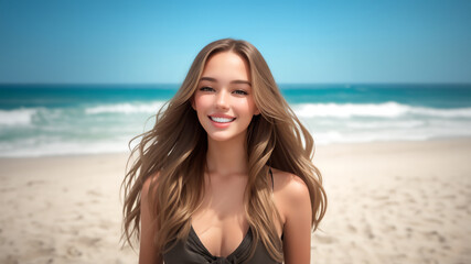 Sun-Kissed Charm: Captivating Portrait of a Young, Attractive, and Cute Blue-Eyed American Girl Smiling on the Beach - obrazy, fototapety, plakaty
