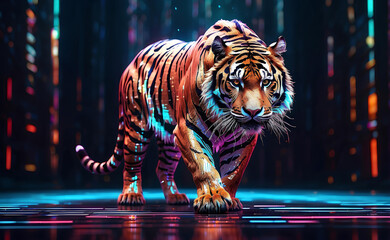 A tiger with digital vibrant abstract background.