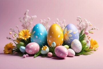 Realistic Easter greeting card, banner with flowers, Easter eggs and and flowers with copy space.
