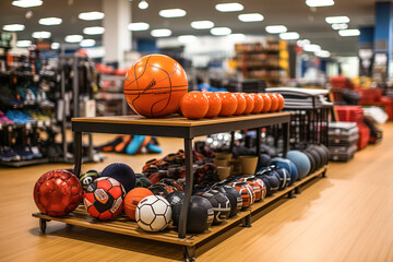 Shelf with various sport balls sitting on a rack in a store. Big sport hypermarket interior.
