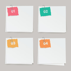 Set of note papers with paper clips and color labels with numbers with shadow on transparent background.