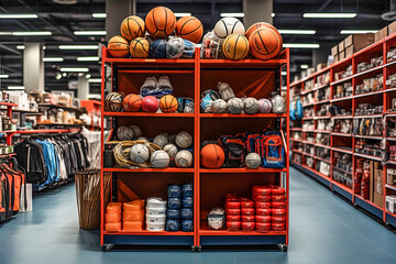 A shelf filled with lots of different types of sports equipment in sports big store.