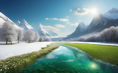 Spring winter and snow landscape with green glass and flowers.