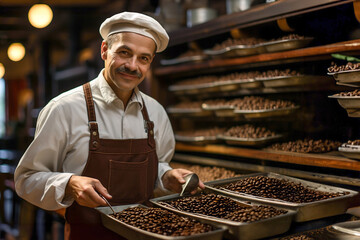 A man roasts coffee and holding a tray of hot coffee beans. Coffee production store. - obrazy, fototapety, plakaty