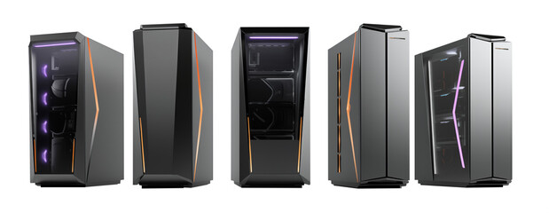 set of modern computer cases - cabinet - Gamer PC - Server - Mid Tower PC Case - Transparent PNG - Premium pen tool cutout