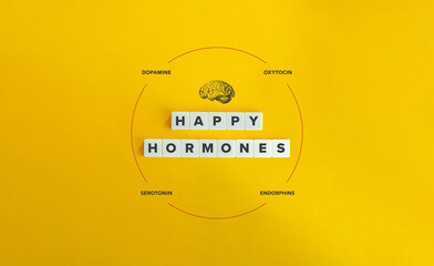 Happy Hormones, Brain Chemistry, Positive Emotions Banner and Concept Image. Dopamine, Oxytocin, Serotonin, and Endorphins aka D.O.S.E. Letter Tiles on Yellow Background. Minimalist Aesthetics.