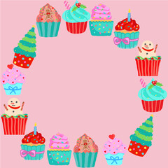 birthday card with cupcake, pastel cupcake frame on pink background