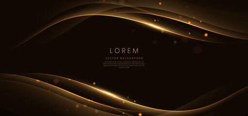 Abstract elegant golden wave on black background with lighting effect and sparkle with copy space for text. Luxury design style.
