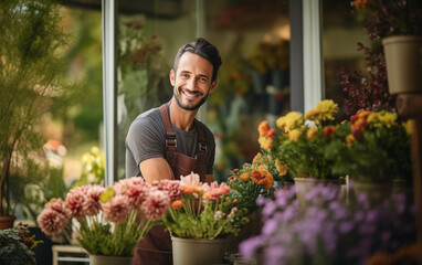 Confident male florist standing outside flower shop and smiling