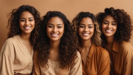 Fototapeta premium Group smiling diverse young multiracial women on beige isolated background