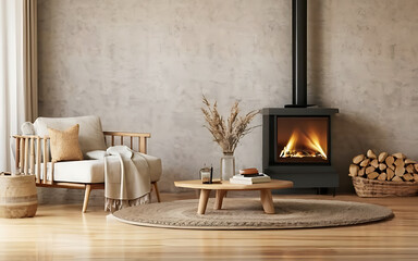 scandinavian interior design of modern living room with sofa cushion against of fireplace-generative ai