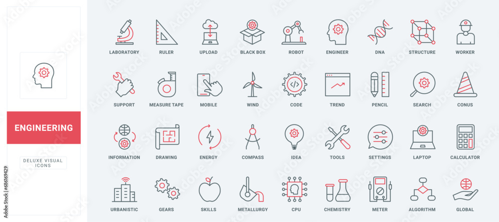 Poster engineering thin black and red line icons set vector illustration. outline symbols of engineers tool