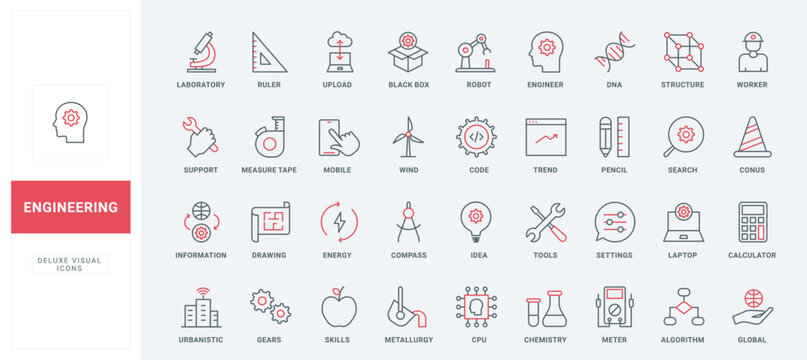 Engineering thin black and red line icons set vector illustration. Outline symbols of engineers tools, global algorithm and settings, support of search, upload and exchange information and ideas