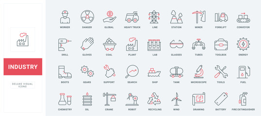 Industry, labor inspection thin black and red line icons set vector illustration. Outline symbols of worker safety equipment and tools from maintenance toolbox, truck, tank and ship delivery