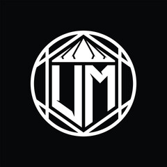UM Letter Logo monogram hexagon slice crown sharp shield shape isolated circle abstract style design