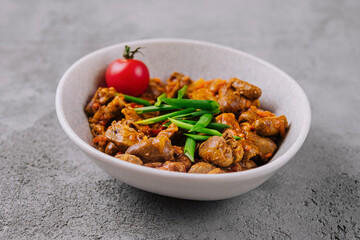 liver and hearts in sauce and onions