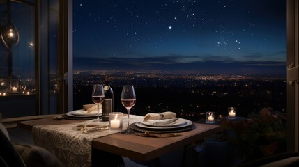 Romantic rooftop dinner table with night sky view. Generative AI