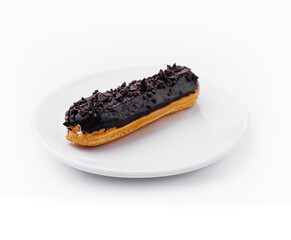 delicious chocolate French eclair on plate