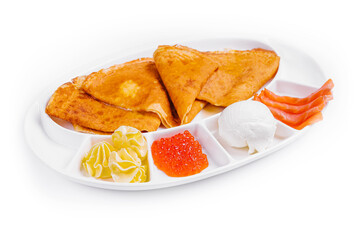 pancakes with red caviar and salmon and ice cream