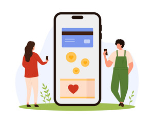 Charity mobile app, humanitarian aid campaign from community vector illustration. Cartoon tiny people donate online with phone, volunteers give money gift to digital donation box from credit card