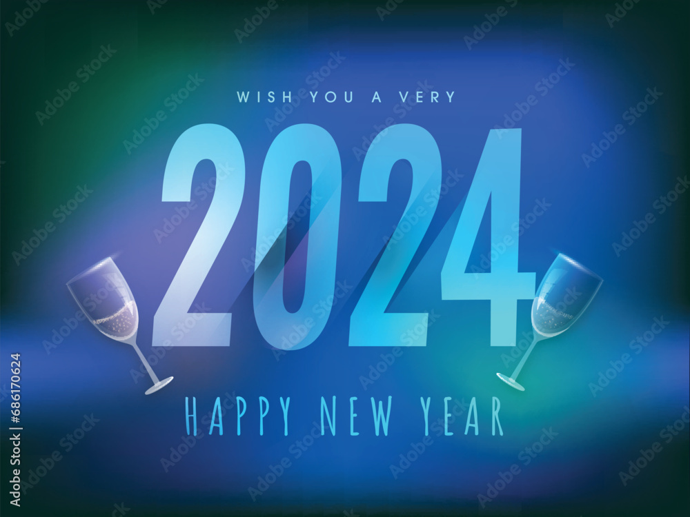 Poster wish you a very 2024 happy new year text with drink glasses on gradient blue and green background.