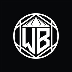 WB Letter Logo monogram hexagon slice crown sharp shield shape isolated circle abstract style design