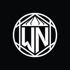 WN Letter Logo monogram hexagon slice crown sharp shield shape isolated circle abstract style design