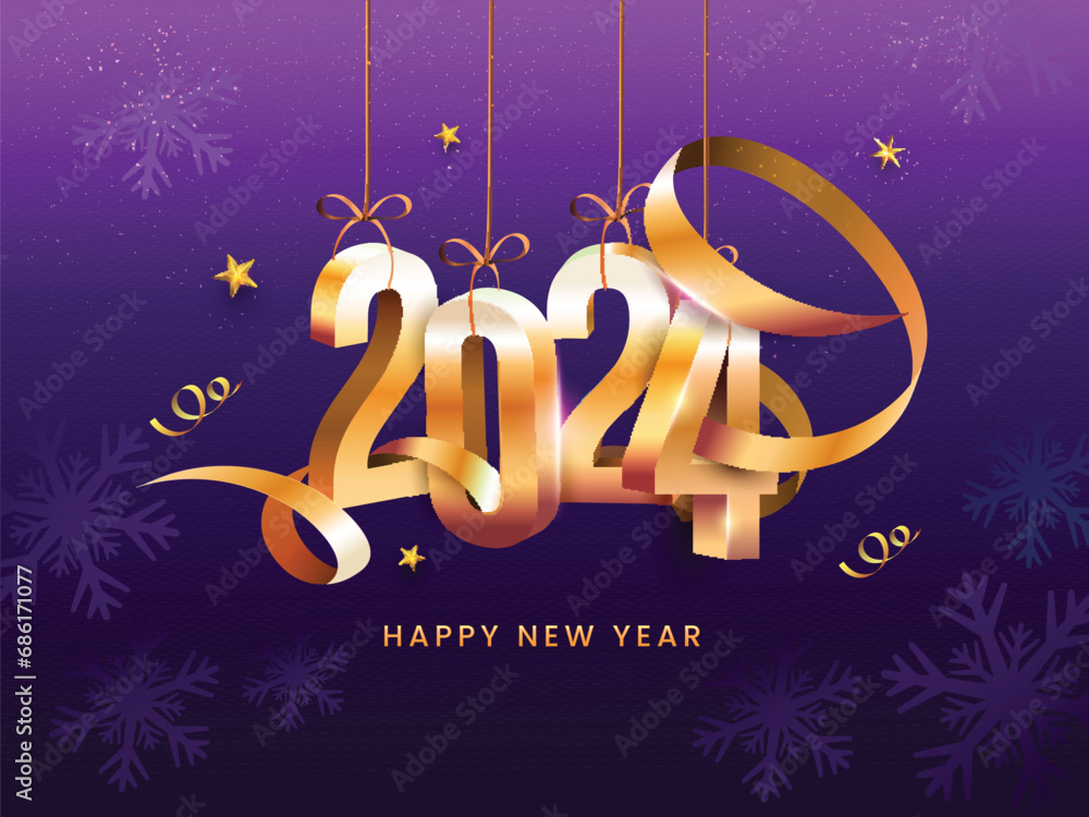 Poster 3d golden 2024 number hang with golden ribbon curvy, stars and snowflakes on purple background for h