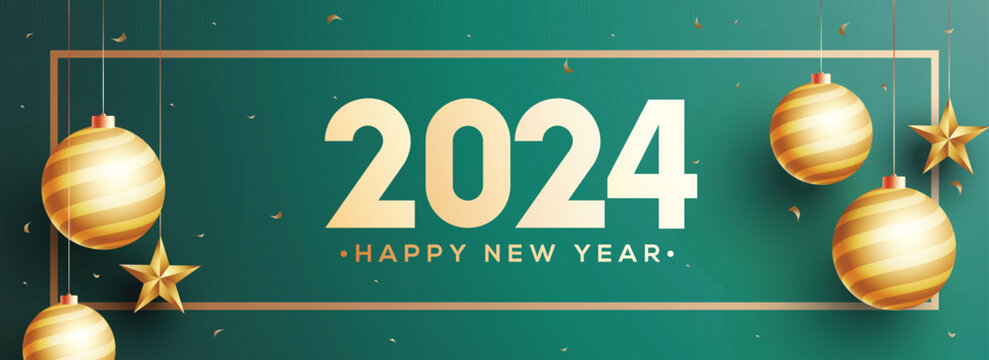 2024 Happy New Year Header or Banner Design Decorated with Hanging Shiny Golden Baubles and Stars.