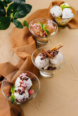 Ice cream balls in a transparent glasses