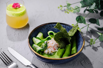 spinach pancakes with cucumbers and crab