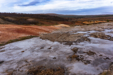 Geothermal geysir area in golden circle Iceland in autumn
