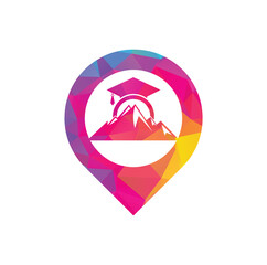 Mountain education map pin shape concept logo design icon template. Mountain education cap logo design inspiration