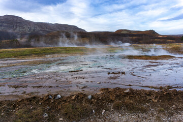 Geothermal geysir area in golden circle Iceland in autumn