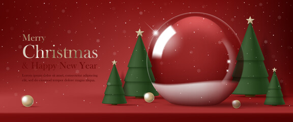 3D Vector Merry Christmas product podium banner. Glass snow ball, green tree, snowflake on red background. Luxury modern minimal decoration party, greeting card, promotion sale, social media post