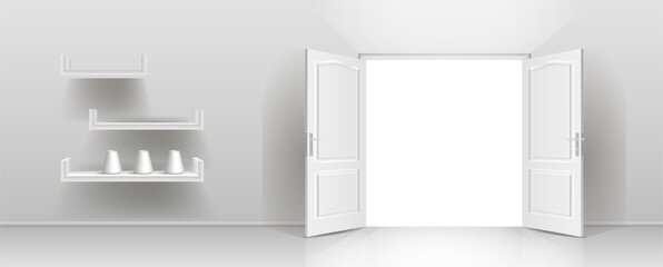 The interior of an empty room with a white wall and an open door.
 Free space for copying, 3d image.